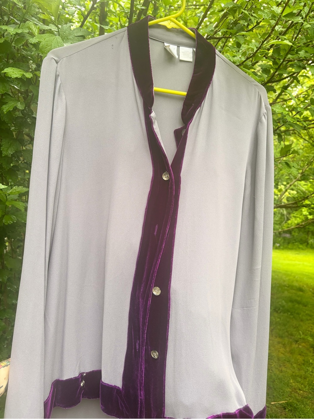 Women's Light Gray Button-Down Shirt with Purple Velvet Trim